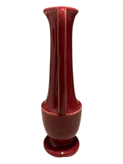 Vintage Shawnee burgundy vase, view of the slender fluted neck and textured lower body
