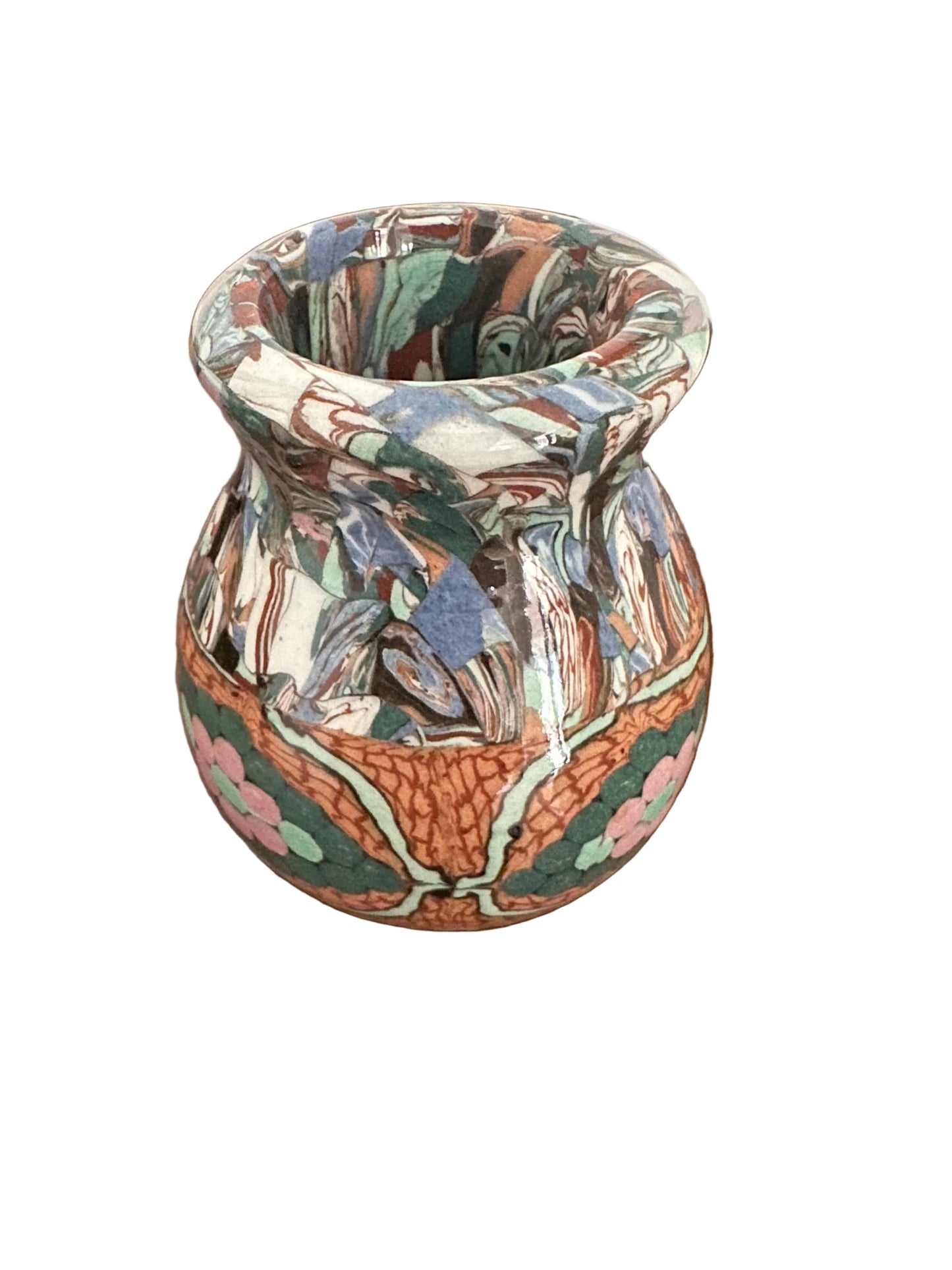 Front of the Jean Gerbino mosaic vase showing the flared rim and pink-flowered band at the base