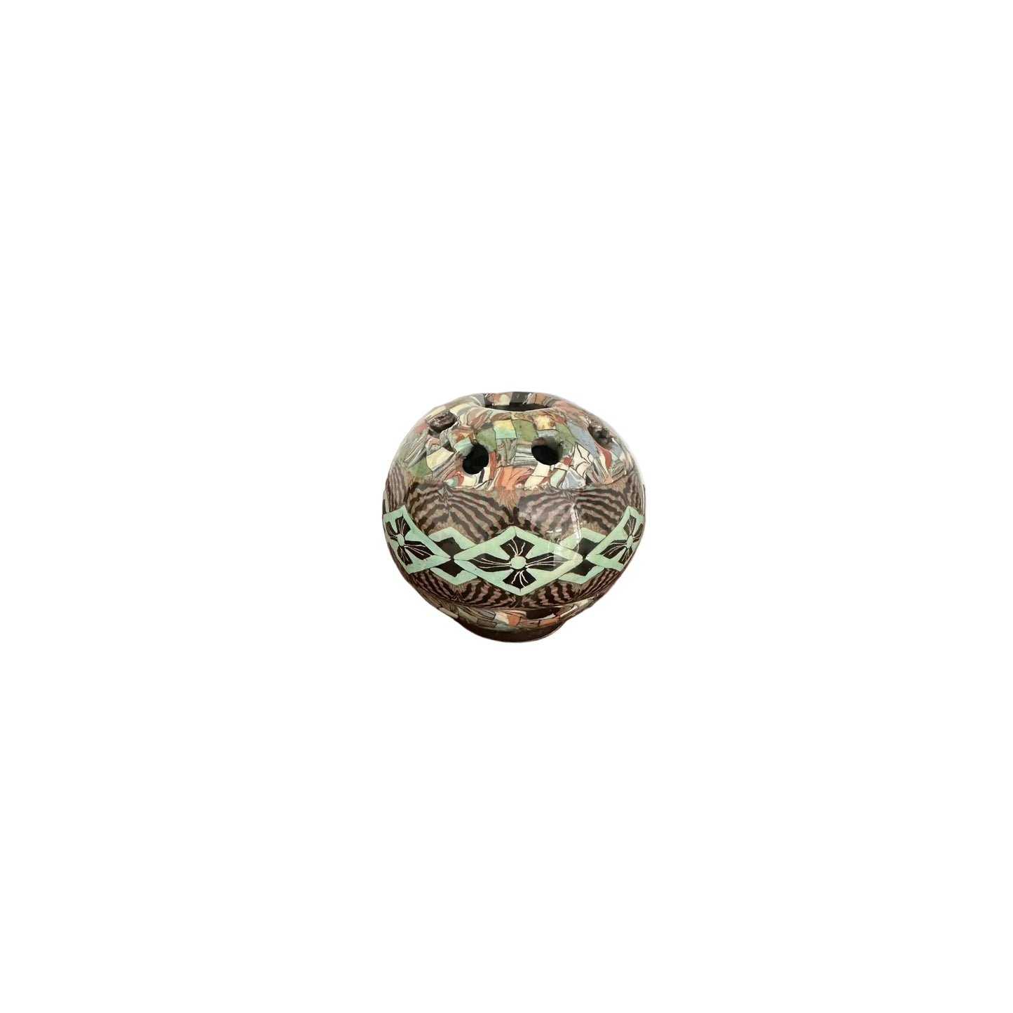Front view of the spherical mosaic flower-frog vase with green diamond and dark floral pattern