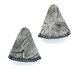 Artisan recycled leather earrings, silver-wash tooled fan pair with beaded lower edge.