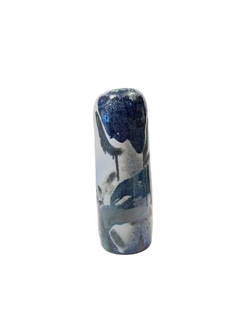 Tall glazed soda-fired pottery vase in shades of blue, charcoal and black. Uneven textural appearance and is one of a kind