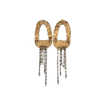 Artisan recycled leather earrings, gold-wash oval hoops with cascading brass chain fringe.