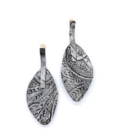 Artisan recycled leather earrings, silver-wash leaf shape with engraved tooled veins.
