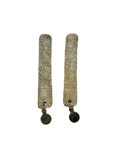 Artisan recycled leather earrings, gold-wash rectangular bars with small brass disc drop.