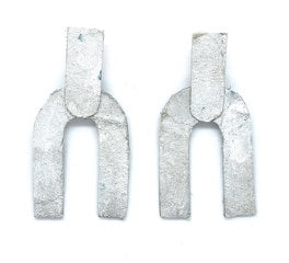 Artisan recycled leather earrings, silver-wash arch shape, pair shown front-on.