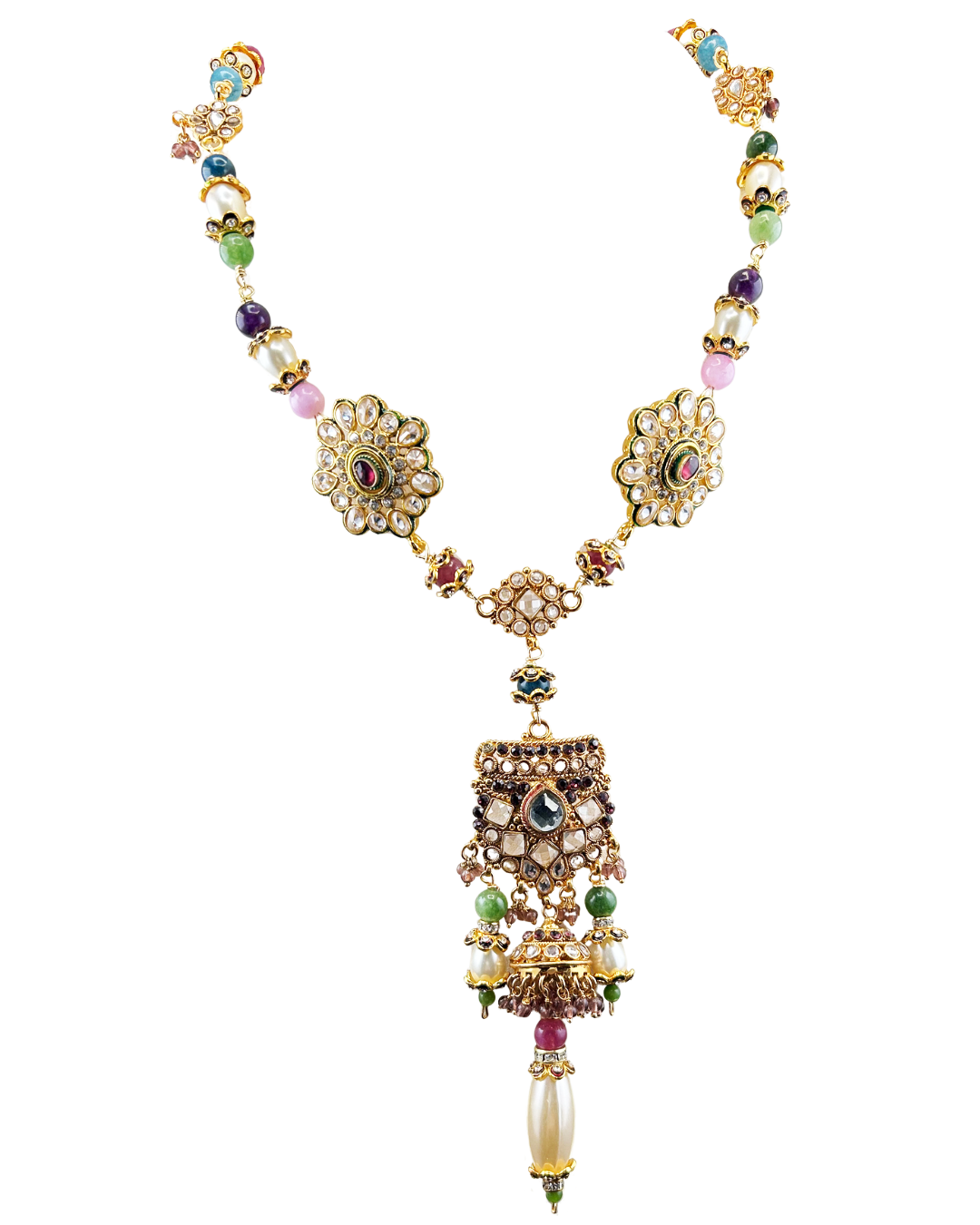 Mughal Indian beaded necklace with jeweled pendant, green bead drops and pearl tassel, on white