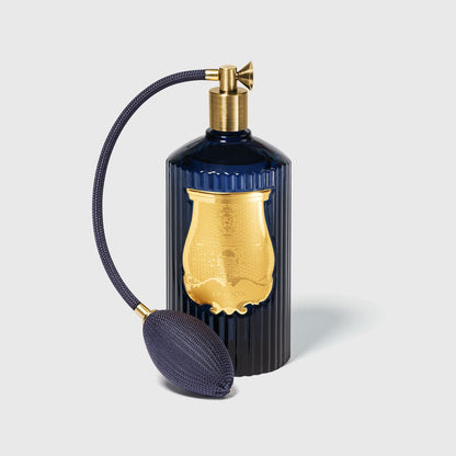 Trudon Reggio room spray, ribbed navy glass bottle with gilt cartouche label and brass atomizer with woven bulb, front view