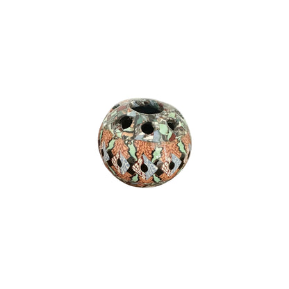Jean Gerbino spherical mosaic flower-frog vase, side view, in terracotta, green and gold tilework with pierced holes