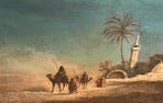 Cropped thumbnail of the Orientalist desert oil painting showing camels, palm trees and a minaret