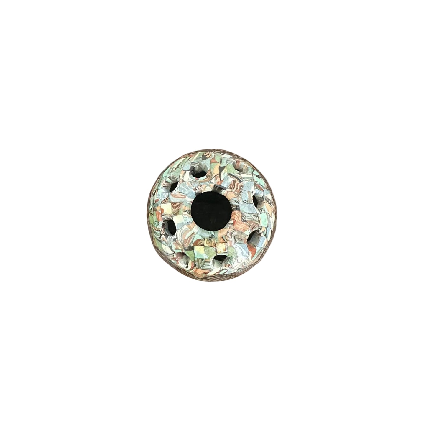 Top-down view of the spherical mosaic vase showing the center hole ringed by smaller flower-frog holes