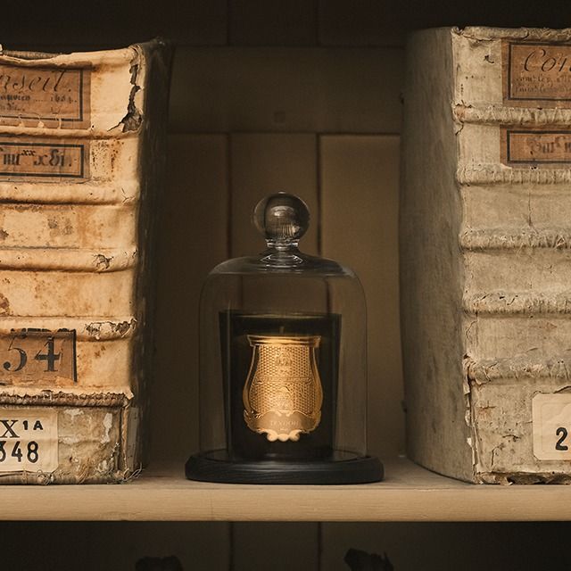Lit Trudon candle under a glass cloche on a shelf beside antique ledger books