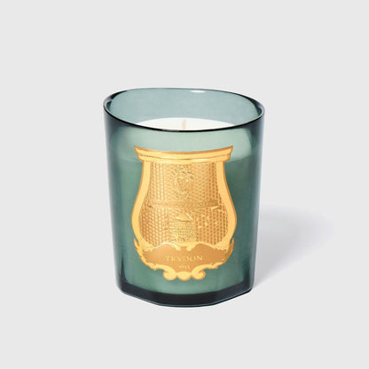 Trudon Figuerie candle in green glass vessel with gold embossed Trudon crest