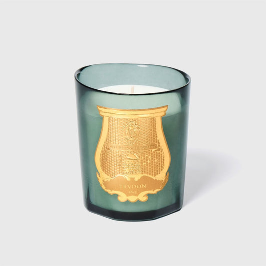 Trudon Figuerie candle in green glass vessel with gold embossed Trudon crest