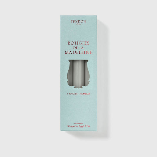 Trudon Madeleine taper candles in grey, box of 6, pale blue Bougies de la Madeleine packaging