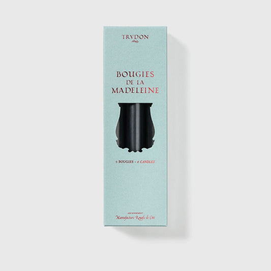 Trudon Madeleine taper candles in noir black, box of 6 in pale blue Trudon packaging